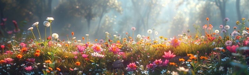 Spring field of colorful wild flowers, sunny day, wide - obrazy, fototapety, plakaty
