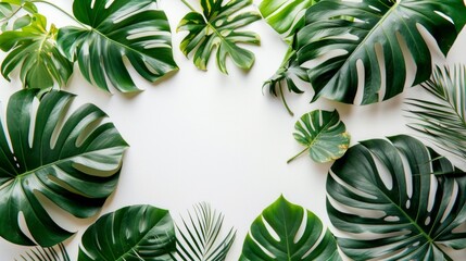 Monstera deliciosa leaves arranged in a creative frame on a white background.