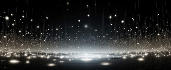 Enigmatic black space with shimmering lights and vertical rays