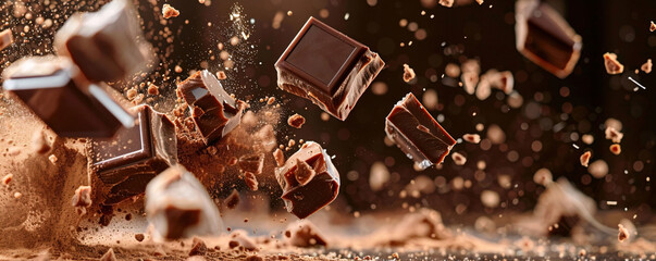 Explosive Dark Chocolate Pieces in Dynamic Motion