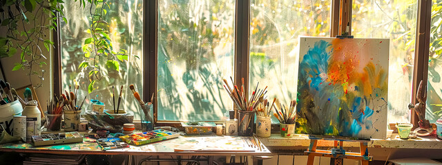 Sunlit artist's workspace with painting tools and canvas