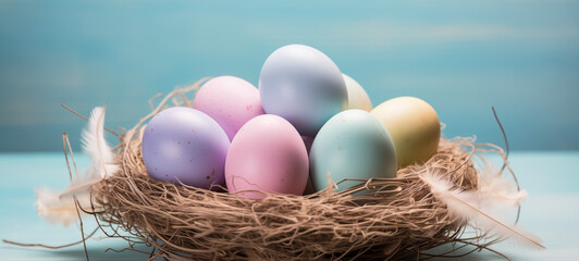 Obraz premium Colorful easter eggs in nest with delicate feathers on blue