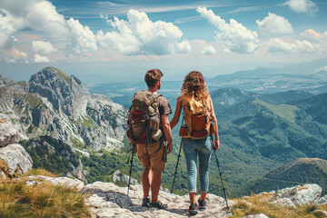 Hikers people hiking - healthy active lifestyle. Hiker people hiking in beautiful mountain nature landscape - obrazy, fototapety, plakaty