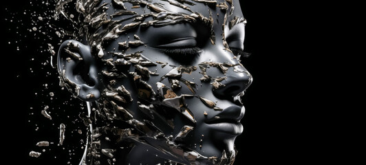 Sculptural face dissolving into metallic liquid on black background