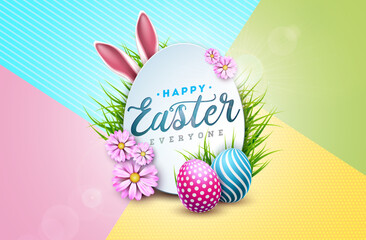 Vector Illustration of Happy Easter Holiday with Flower, Painted Egg and Rabbit Ears on Colorful Background. International Religious Celebration Design with Typography Letter for Greeting Card