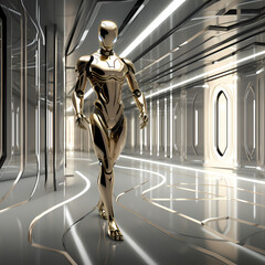 A futuristic robot in a sleek metallic environment