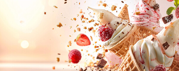 Exploding Ice Cream Cone with Berries and Chocolate Splashes