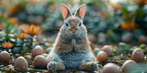 Fototapeta na wymiar Easter Bunny with Colorful Eggs Praying in Nature - Happy Easter