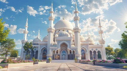 Fototapeta na wymiar 3d rendering of Islamic mosque in Islamic style. Ramadan Kareem concept. Islamic background