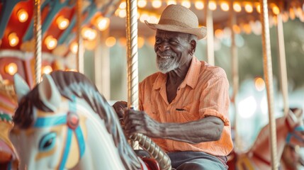 The Joyful Old Man Riding a Carousel Horse. Fictional Character Created By Generated By Generated AI.