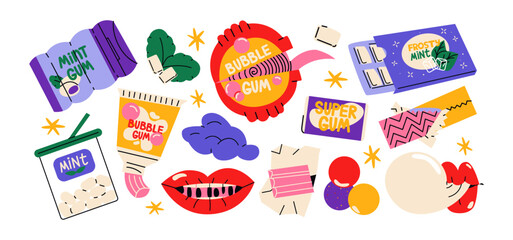 Set of cartoon bubble gum chewing candies. Mint pads, balls in various packages in retro groove style of the 90s. Sweets for the mouth, fresh-flavored mints, dragees, lollipops. Vector set