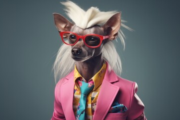 Chinese Crested dog in a fashionable dress-jacket, tie, and glasses , perfect for advertising services or products.