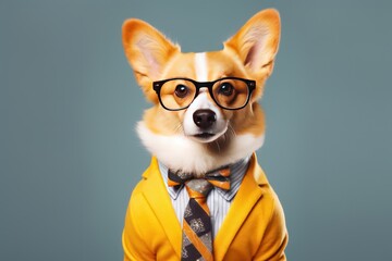 Cool vibes with a Corgi in trendy attire—dress-jacket, tie, glasses—against a grey background, creating an engaging image for advertising