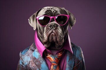 Obraz premium Mastiff dog a stylish fashionable dress-jacket, tie, and sunglasses, against a dark background.Advertising trendy products concept.