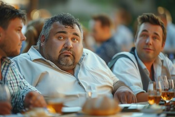 Social Pressure: At a social gathering, an overweight person feels uncomfortable when someone makes a comment about their weight. They struggle with feelings of shame and embarrassment - obrazy, fototapety, plakaty