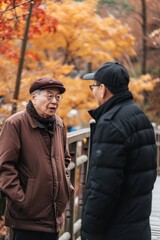 Two Men Having a Conversation Near a Wooden Bridge. Fictional Character Created By Generated By Generated AI.