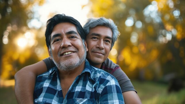 Two Men Posing and Smiling Together in Front of a Tree. Fictional Character Created By Generated By Generated AI.