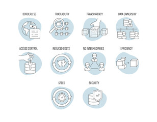 Stroke line icons set of blockchain industry. Modern crypto linear pictogram concept. Outline symbol collection.