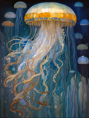 Decorative art nouveau illustration of a jellyfish in an ornate blue marine background
