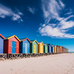 Fototapeta premium A row of colorful beach huts against a blue sky.