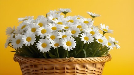Fototapeta na wymiar Daisy flowers in wicker basket on yellow background, greeting card concept, flower composition, spring, summer