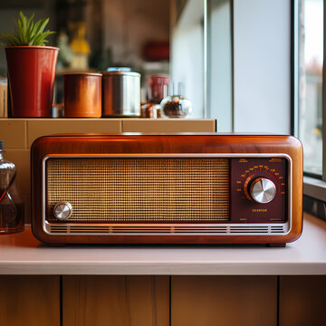 A retro radio on a wooden shelf. 