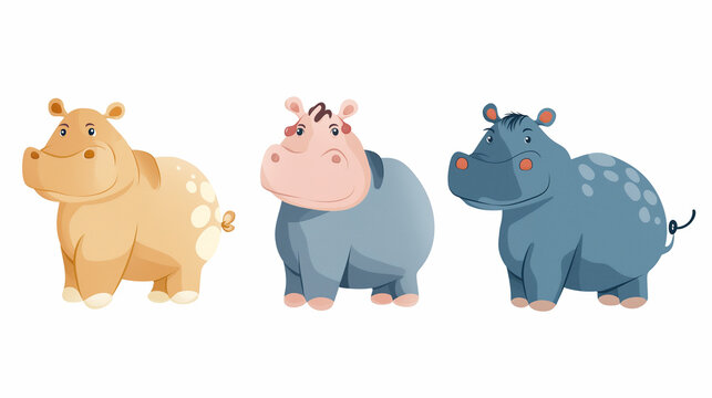 Conjunto de Hipopótamos isolados sobre fundo branco. Ilustração em aquarela.