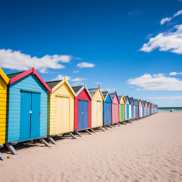A row of colorful beach huts against a blue sky.