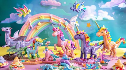 Obraz na płótnie Canvas Piece together autism awareness in this 3D puzzle, featuring a vibrant rainbow backdrop with unicorns, dinosaurs, and sloths