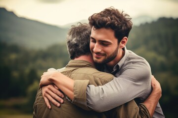 Father and son embracing in a large open field. Fictional Character Created By Generated By Generated AI.