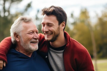 An older man and a younger man embrace each other in a heartfelt hug. Fictional Character Created By Generated By Generated AI.