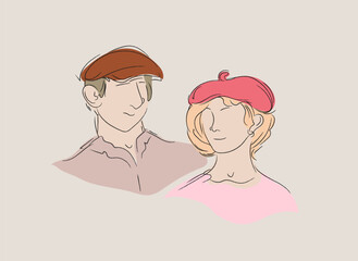 simple sketch of a woman and man couple with hats