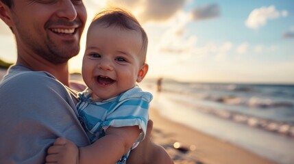 A Beach Dad Holds His Baby at Sunset. Fictional Character Created By Generated By Generated AI.