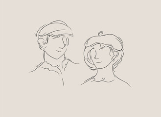 simple sketch of a woman and man with hats