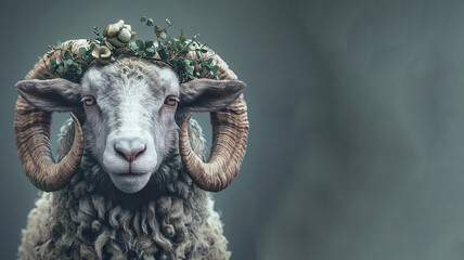 A beautiful sheep with big horns and curly wool