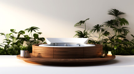 Obraz premium Outdoor bathtub surrounded by tropical wood, luxury spa, lifestyle image, top view