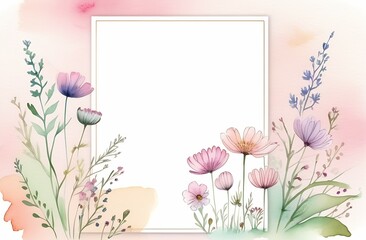 floral frame of delicate wildflowers on light pink background, romantic template design with place for text for greetings, wedding cards, invitations, floral arrangement, watercolor illustration