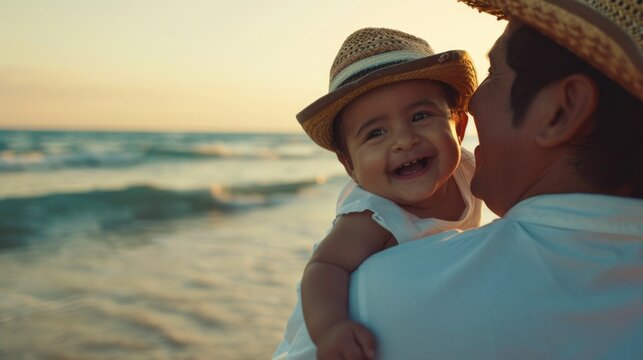A joyful moment on the beach - father holding his smiling baby. Fictional Character Created By Generated By Generated AI.