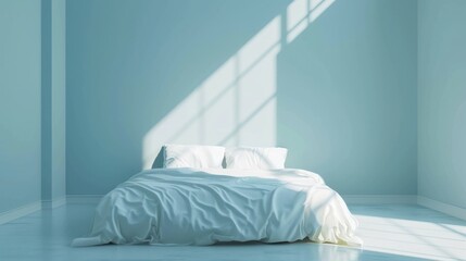 Bed against vibrant white and blue wall with copy space. Minimalist interior design of modern bedroom, half white background