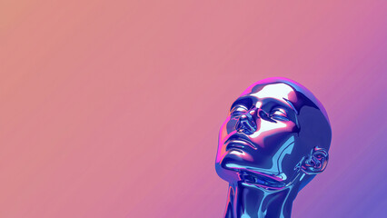 Surreal head made of chrome isolated on a purple background