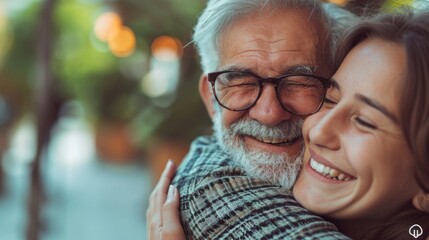 An older man and woman hug each other, sharing love and warmth. Fictional Character Created By Generated By Generated AI.