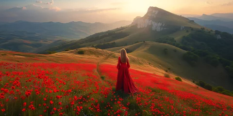 Foto auf Acrylglas A woman wearing a vibrant red dress is standing gracefully in a field filled with colorful flowers. The sun is shining, casting a warm glow on the scene. © AI Visual Vault