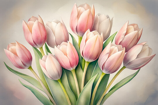 Illustration with light pink tulips. Perfect for flyer, card, postcard, tags, invitation, printing, wrapping, poster, banner.