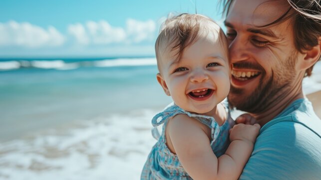A joyful moment on the beach with a baby and a man. Fictional Character Created By Generated By Generated AI.