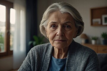 Fototapeta na wymiar Indoor head shot portrait of serious positive old mature woman in casual looking at camera, posing at home, promoting retirement, elderly healthcare, Senior grandmother woman video call screen