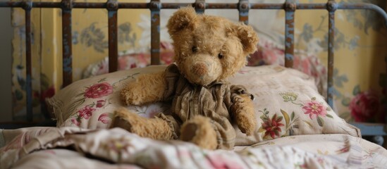 A vintage brown teddy bear sits comfortably on a cute bed, bringing a sense of nostalgia and warmth to the scene.