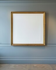 a large gold frame with white screen hangs on a wall. photo frame mockup