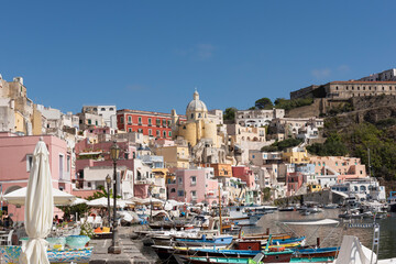 Procida,Italy - September 28 , 2019: characteristic houses of Procida with tourists and inhabitants...