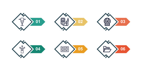 outline icons set from electrian connections concept. editable vector included hammer, voltmeter, web camera, wires, wall socket, files and folders icons. - obrazy, fototapety, plakaty