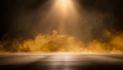 Dark street, asphalt abstract yellow 
background, empty dark scene, neon light, spotlights The concrete floor and studio room with smoke float up the interior texture for display products, Night view 